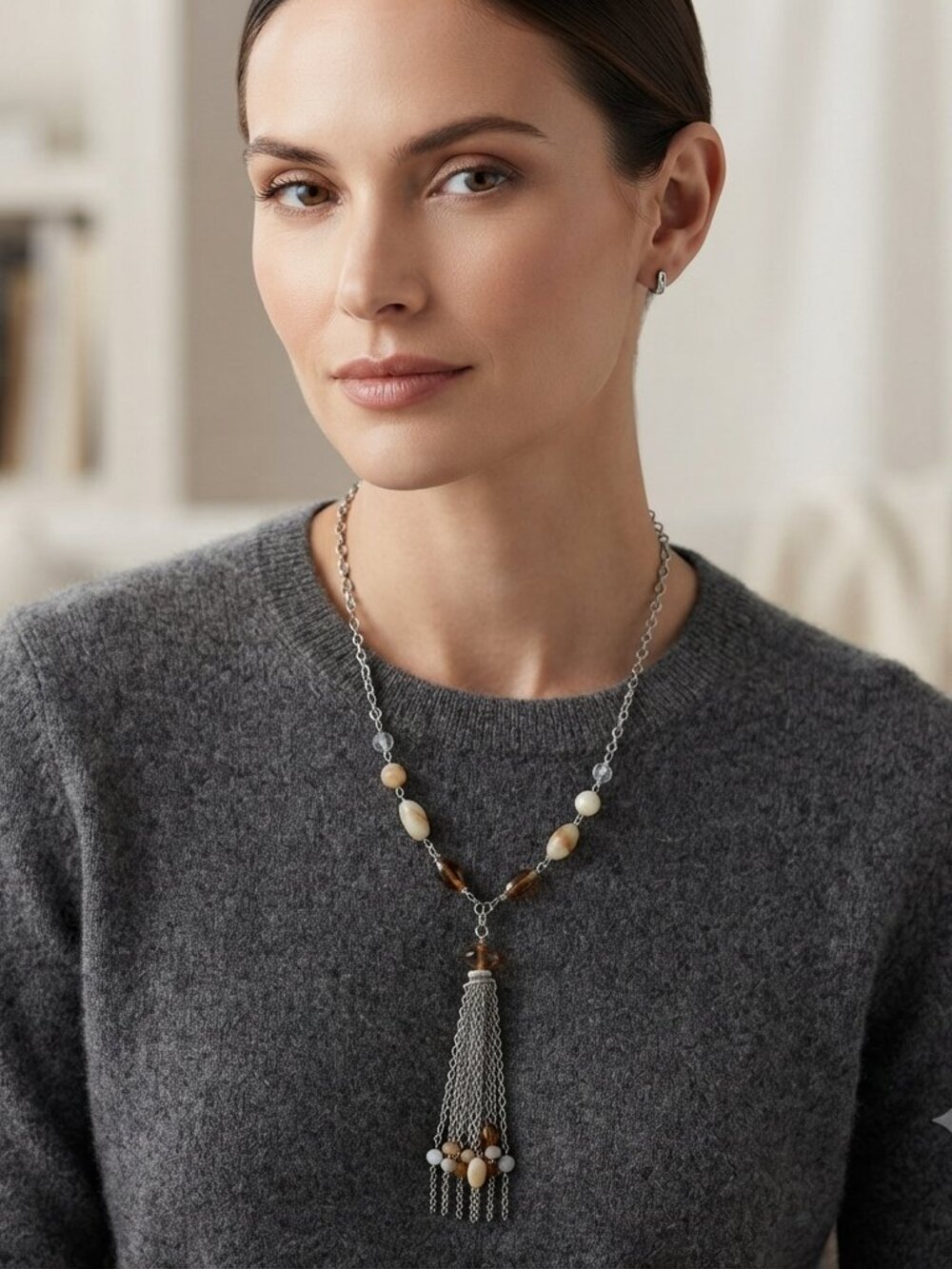 Ali Khan for Mystique natural color stone with silver chain tassel necklace